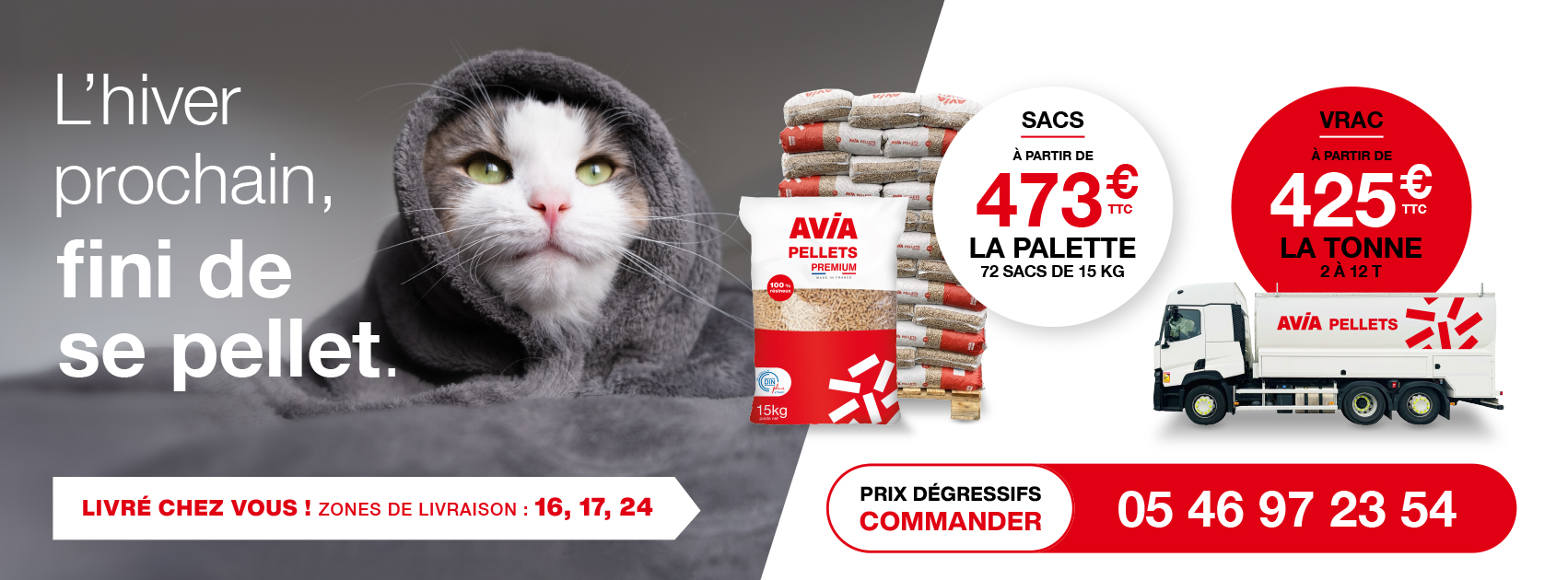 L'hiver prochain, fini de se pellet. Granulés AVIA Pellets Premium : sacs à partir de 473 € TTC la palette de 72 sacs de 15 kg, vrac à partir de 425 € TTC la tonne de 2 à 12 T. Livré chez vous en 16, 17 et 24. Prix dégressifs, commandez au 05 46 97 23 54.